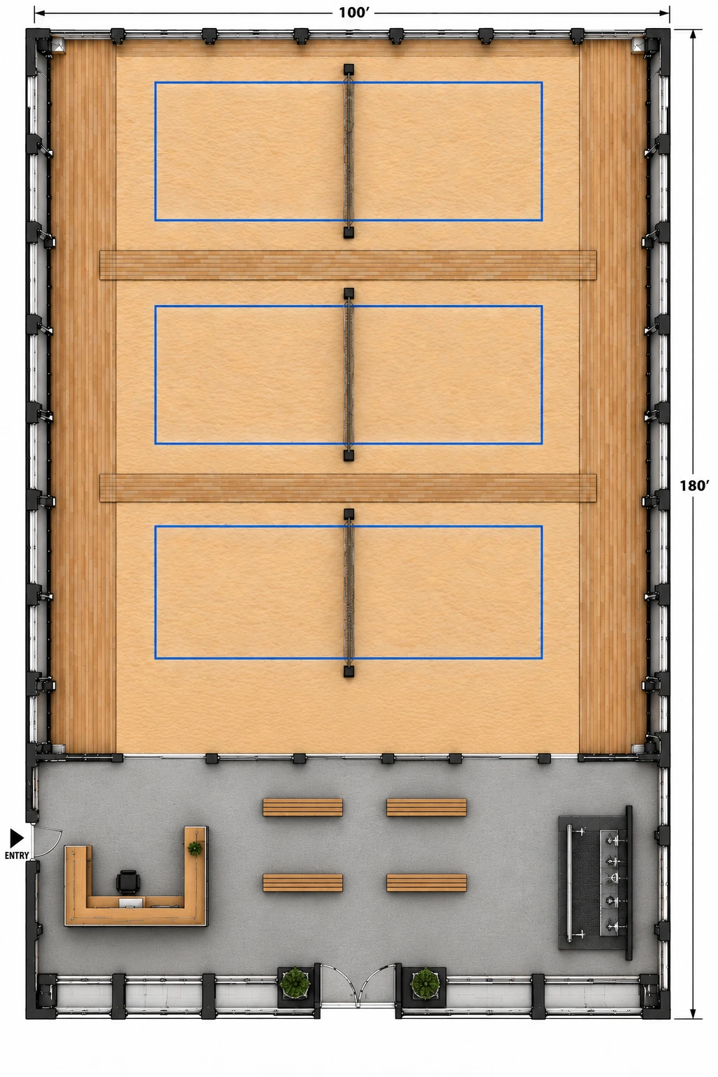 Plan conceptuel vu du dessus : trois terrains de volleyball de plage, accueil et espace de rencontre